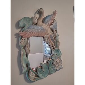 HandCarved‎ Wood Wall Mirror Crane Reeds Lily Pads Cottage Coastal 13"x20" Blue